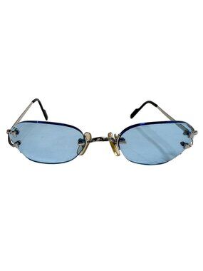 Vintage Cartier C Decor Rimless Sunglasses With Diamond Cut Blue Lenses